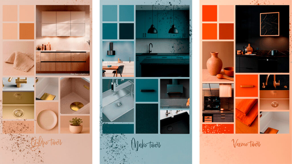 Moodboard med Franke Home Solutions og RørosHetta-produkter