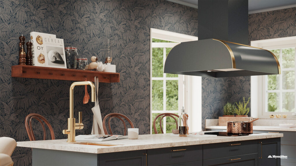 RørosHetta Cetus fritthengende kjøkkenhette i Myresjöhus miljø