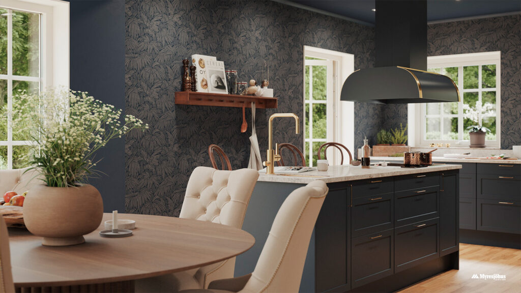 RørosHetta Cetus fritthengende kjøkkenhette i Myresjöhus miljø